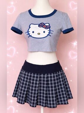 Vintage Y2K Hello Kitty Crop Top & Plaid Mini Skirt Set Baby Tee Club Party S/M